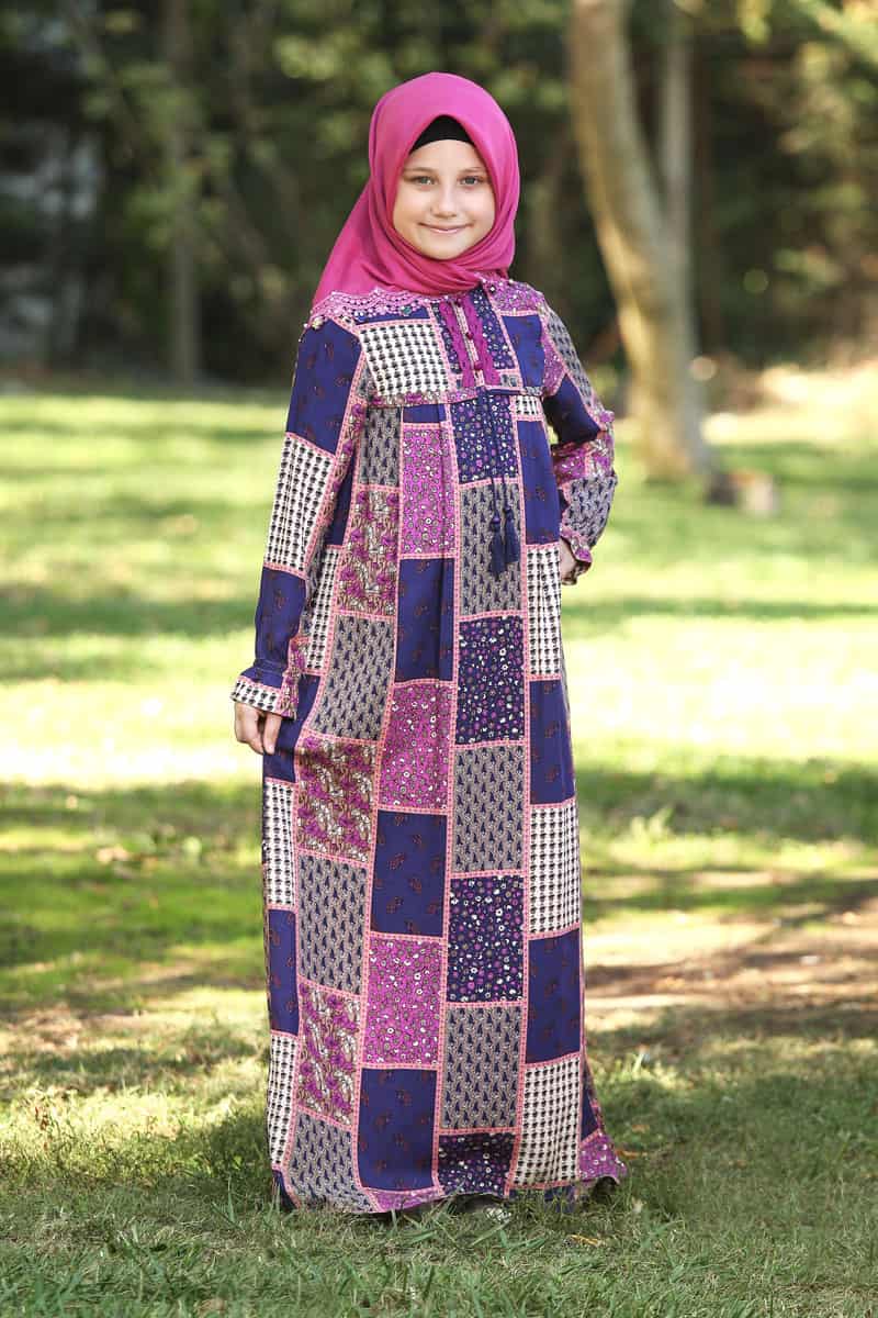 Çocuk Tesettür Elbise Narin Model Pembe Desen - 1