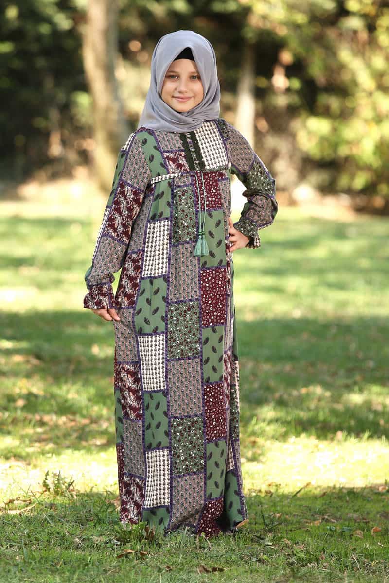 Çocuk Tesettür Elbise Narin Model Yeşil Desen - 1