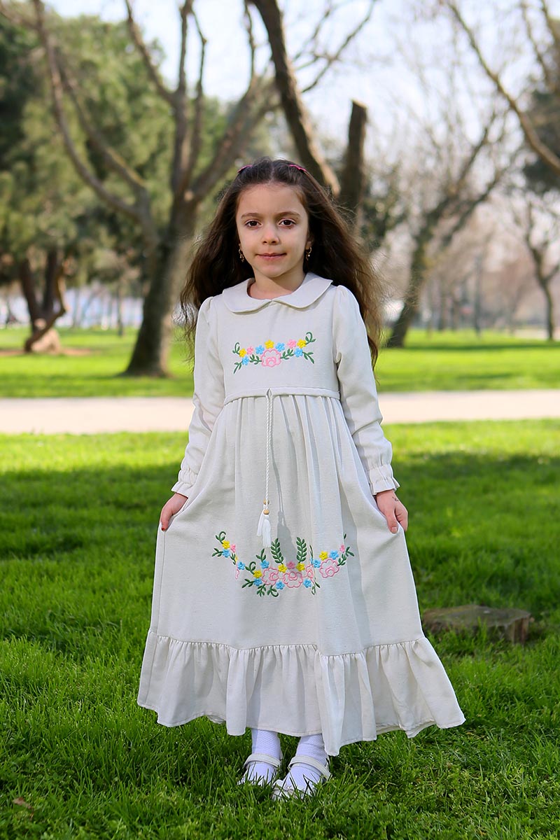 Çocuk Tesettür Elbise Nurbanu Model Krem 