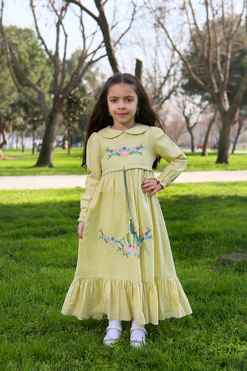 Çocuk Tesettür Elbise Nurbanu Model Sarı - 1