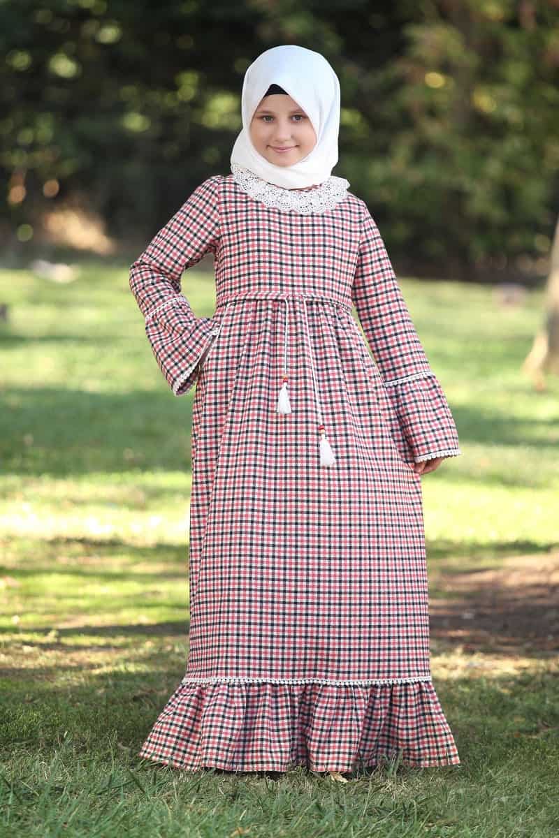 Çocuk Tesettür Elbise Kışlık Ravza Model Ekoseli - 1