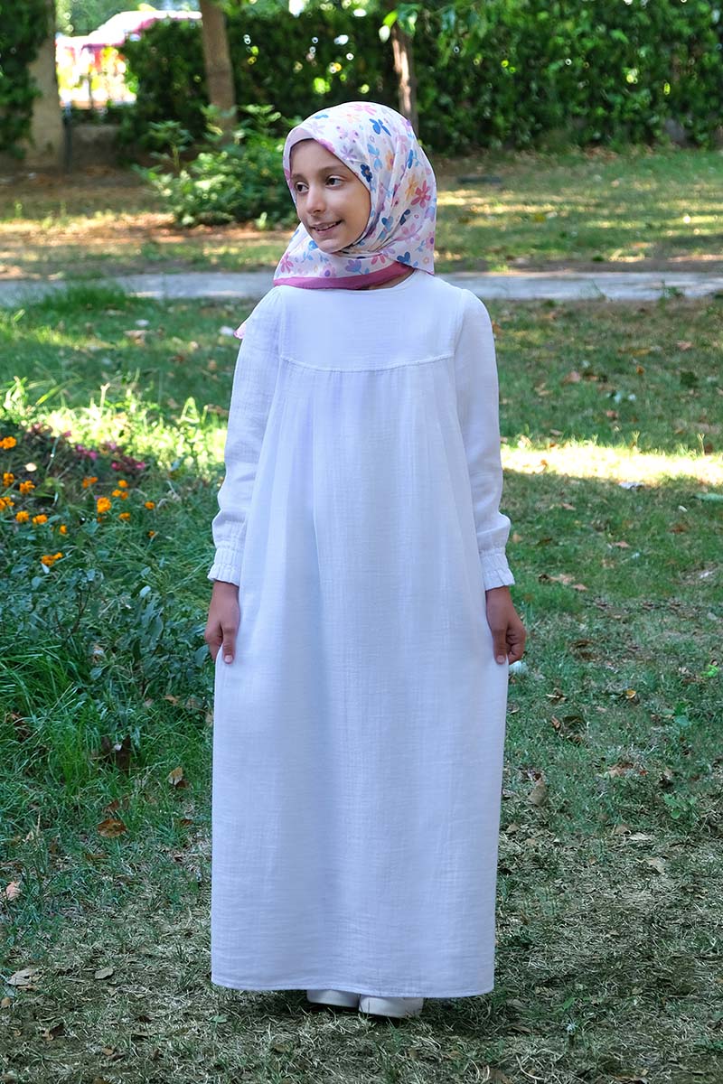 Çocuk Tesettür Elbise Robalı Model Beyaz - 1