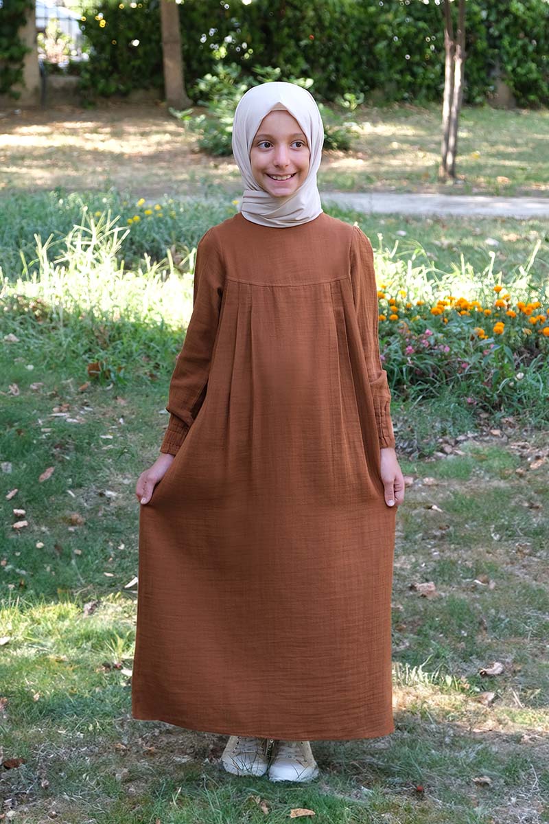 Çocuk Tesettür Elbise Robalı Model Kiremit - 1