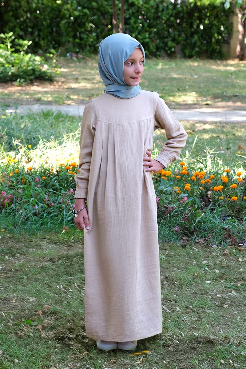 Çocuk Tesettür Elbise Robalı Model Krem 