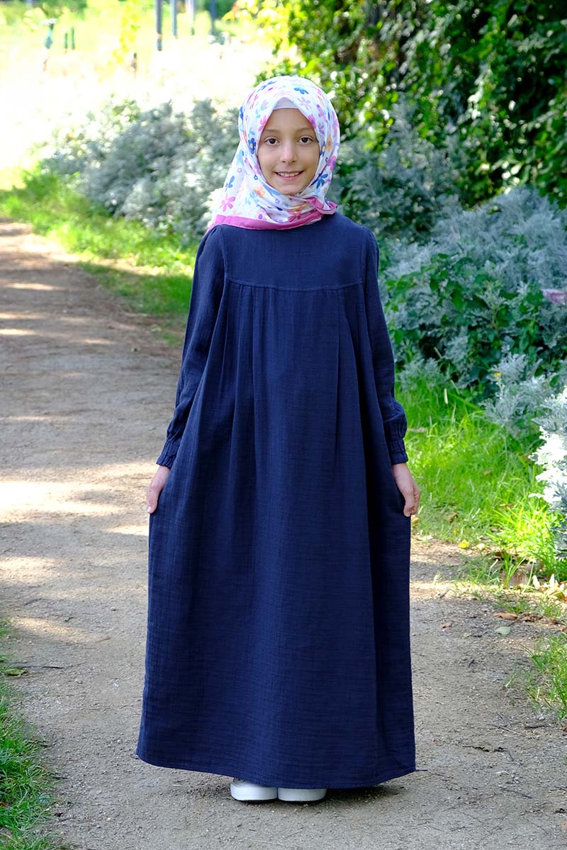 Çocuk Tesettür Elbise Robalı Model Lacivert 
