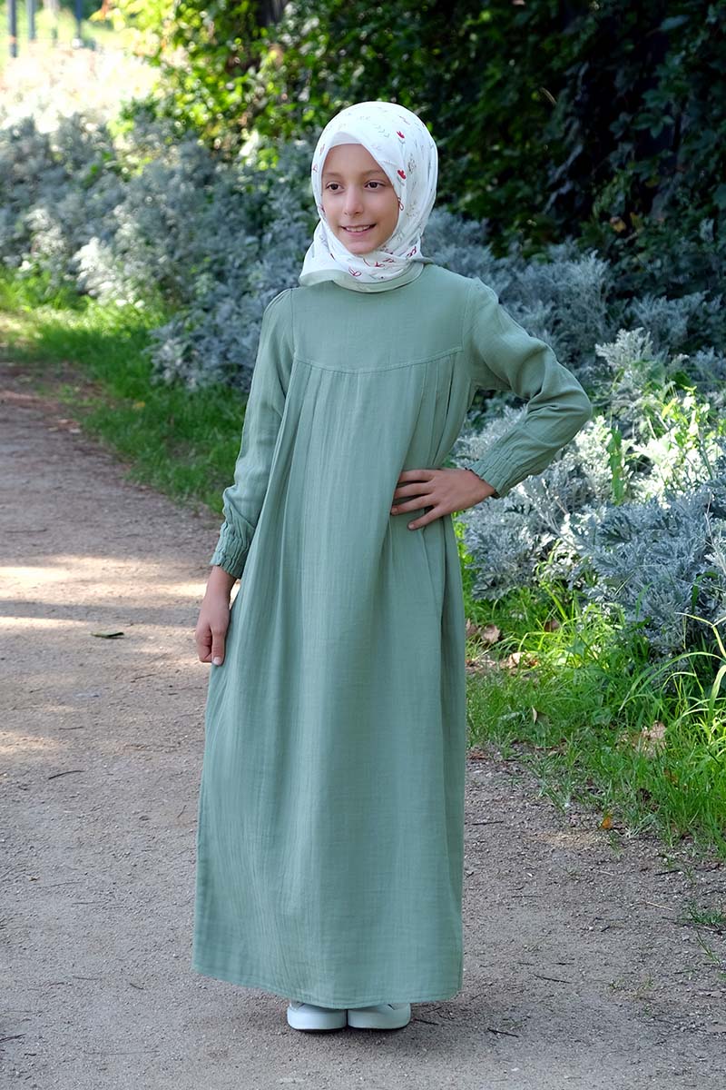 Çocuk Tesettür Elbise Robalı Model Yeşil - 1