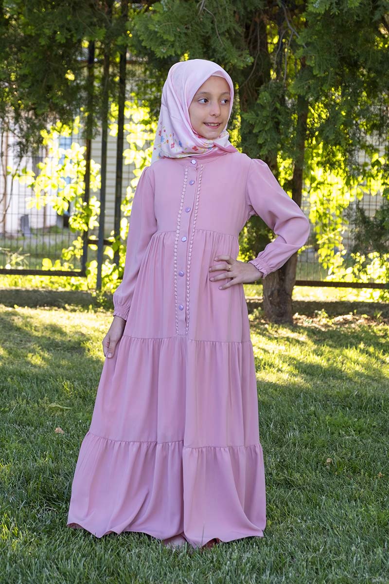 Çocuk Tesettür Elbise Sahra Model Pudra 