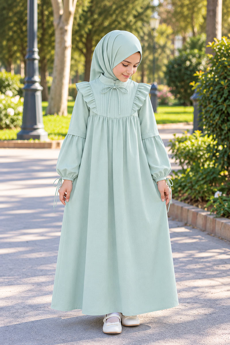 Çocuk Tesettür Elbise Sare Model Haki - 1