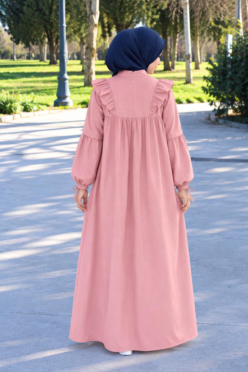 Çocuk Tesettür Elbise Sare Model Pudra - 2