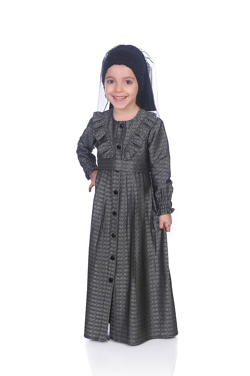 Çocuk Tesettür Elbise Sena Model Siyah Gri - 1