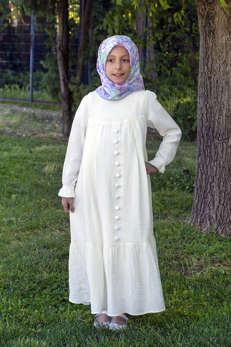 Çocuk Tesettür Elbise Sinem Model Beyaz - 1