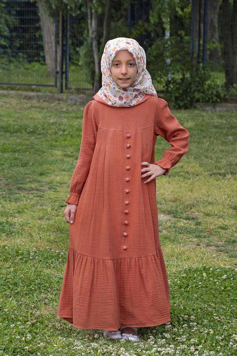Çocuk Tesettür Elbise Sinem Model Kiremit 