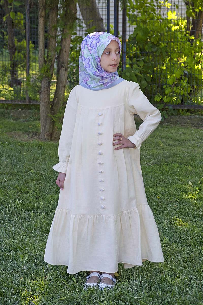 Çocuk Tesettür Elbise Sinem Model Krem - 1