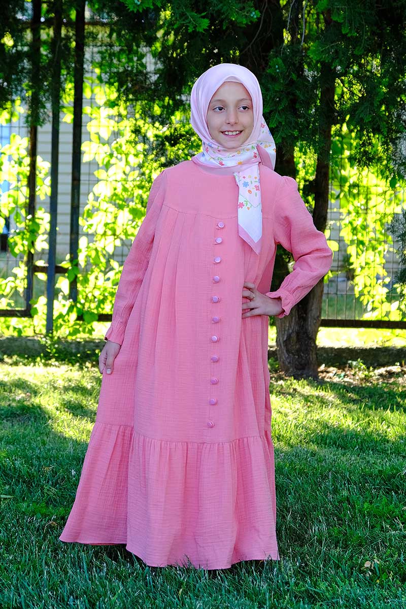 Çocuk Tesettür Elbise Sinem Model Pudra 