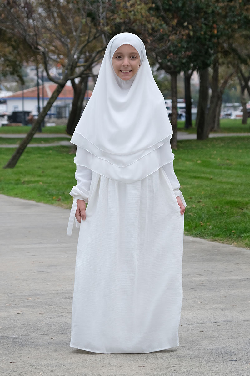 Çocuk Tesettür Elbise Sufle Takım Beyaz - 1
