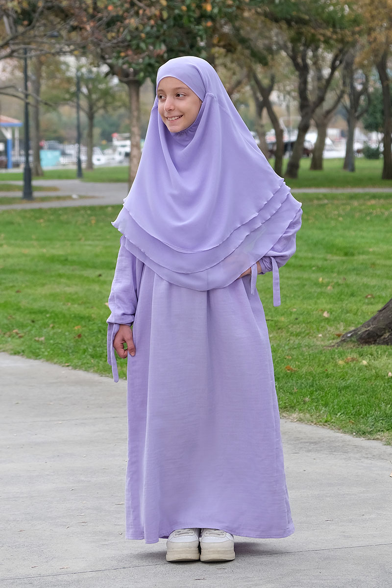 Çocuk Tesettür Elbise Sufle Takım Lila - Mevlana Çocuk Tesettür