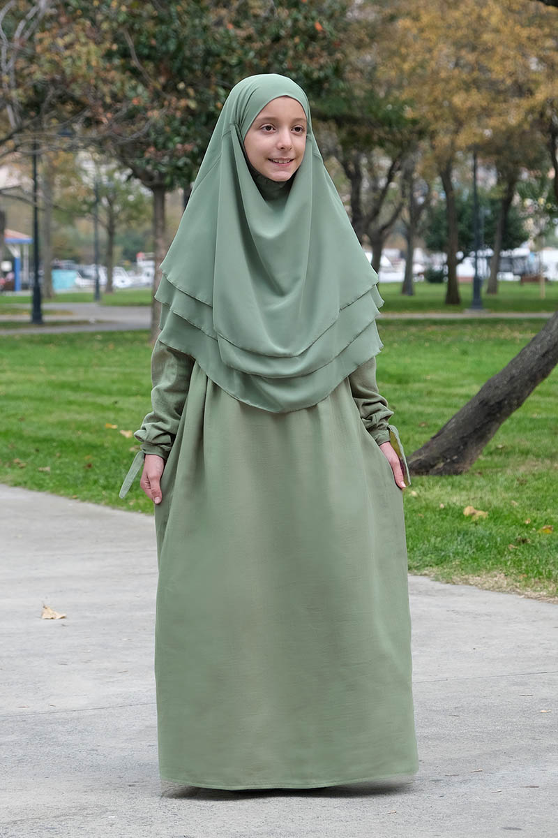 Çocuk Tesettür Elbise Sufle Takım Yeşil - Mevlana Çocuk Tesettür