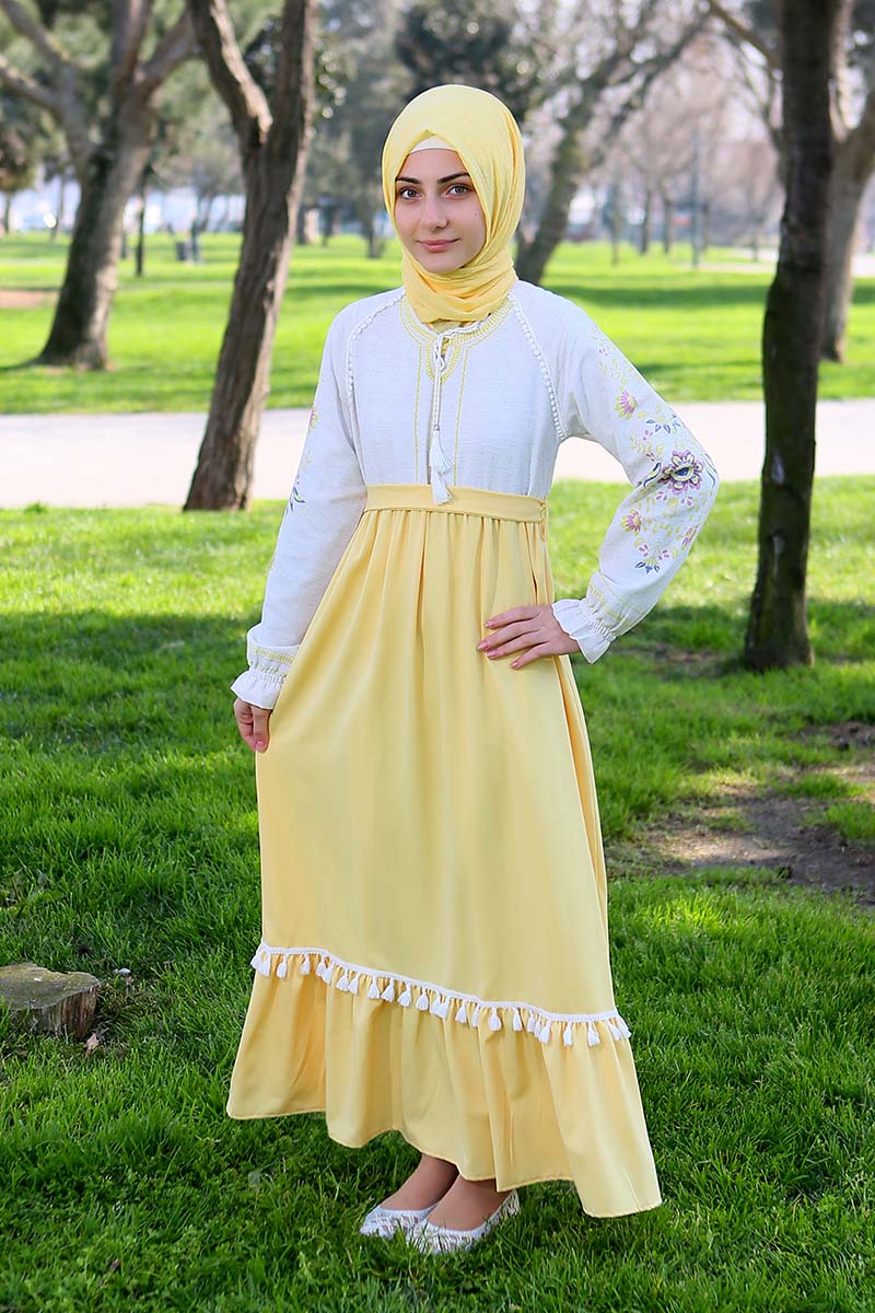 Çocuk Tesettür Elbise Vuslat Model Sarı - 1