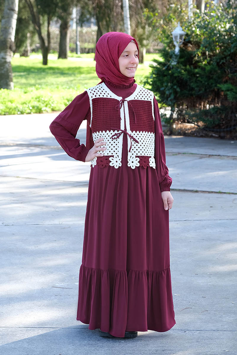 Çocuk Tesettür Elbise Yelekli Model Bordo - 1