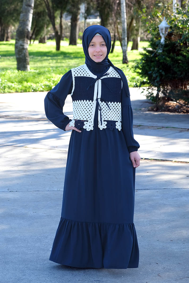 Çocuk Tesettür Elbise Yelekli Model Lacivert - 1