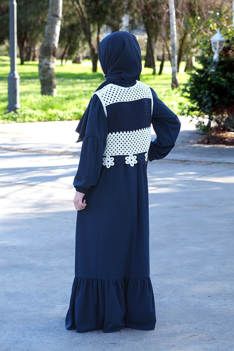 Çocuk Tesettür Elbise Yelekli Model Lacivert - 2