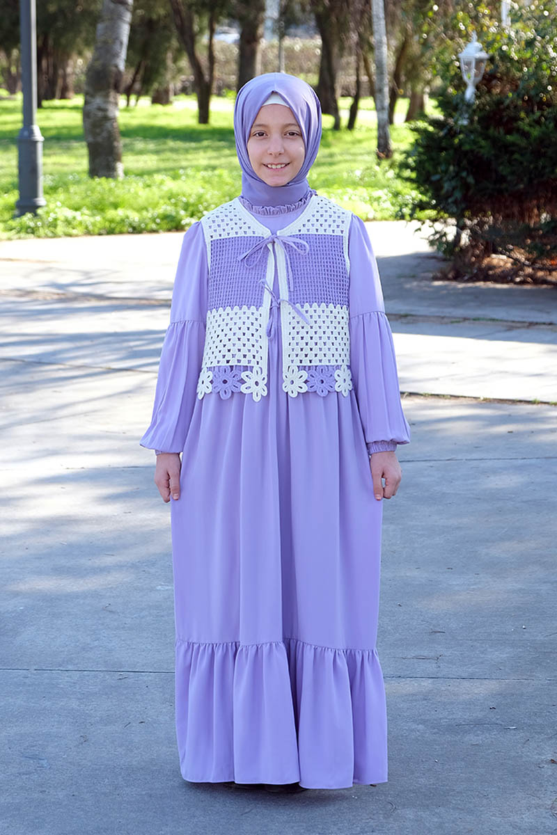 Çocuk Tesettür Elbise Yelekli Model Lila - Mevlana Çocuk Tesettür