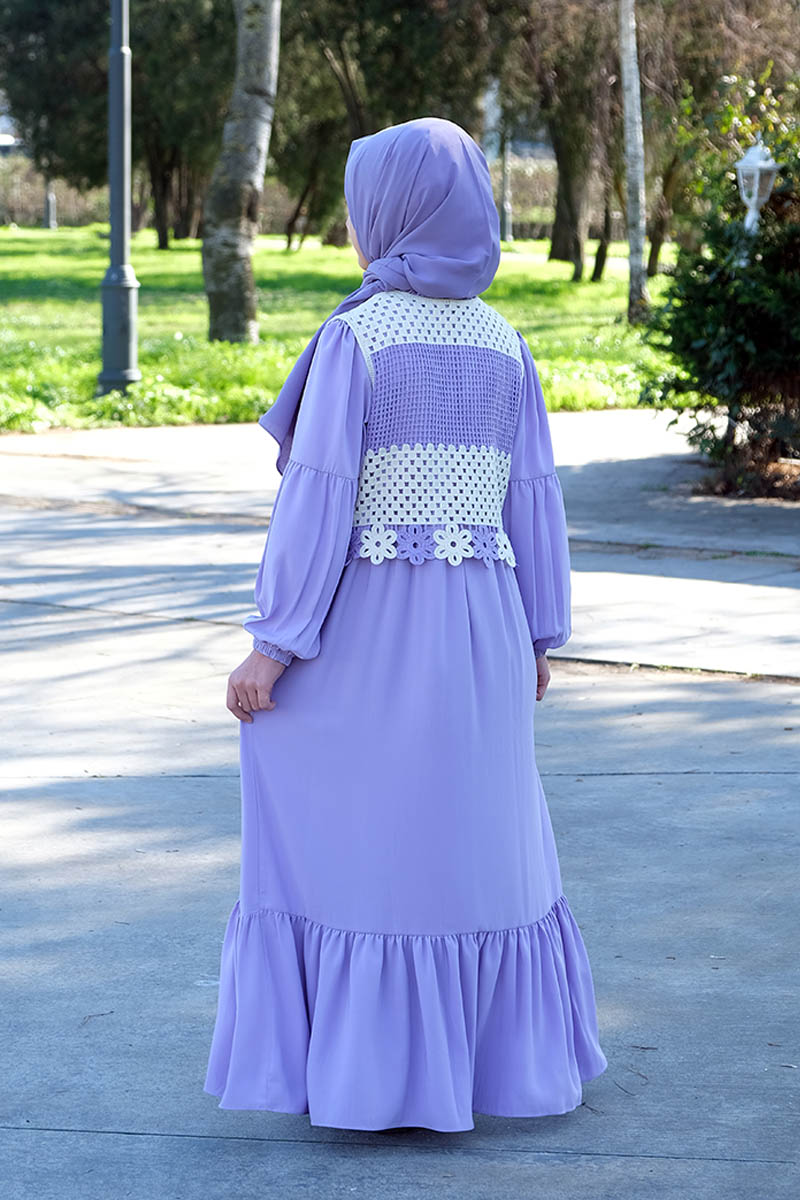 Çocuk Tesettür Elbise Yelekli Model Lila - 2