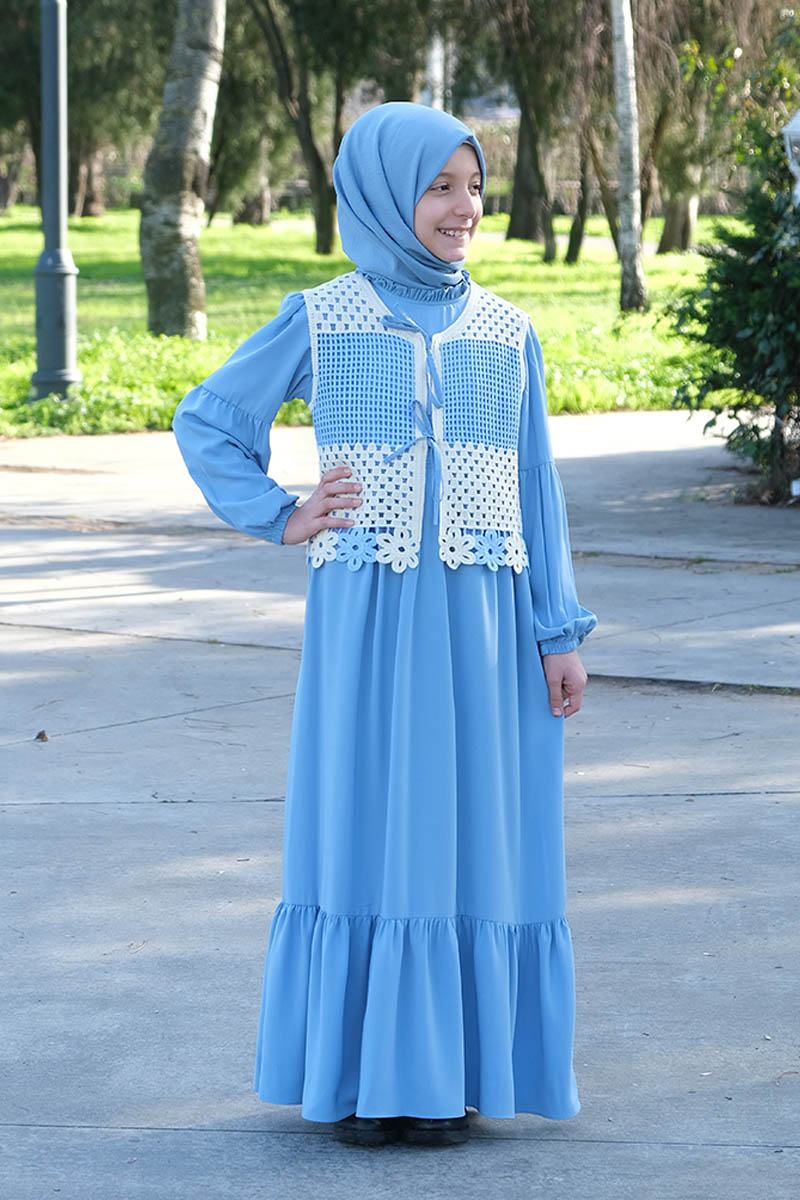 Çocuk Tesettür Elbise Yelekli Model Mavi - Mevlana Çocuk Tesettür