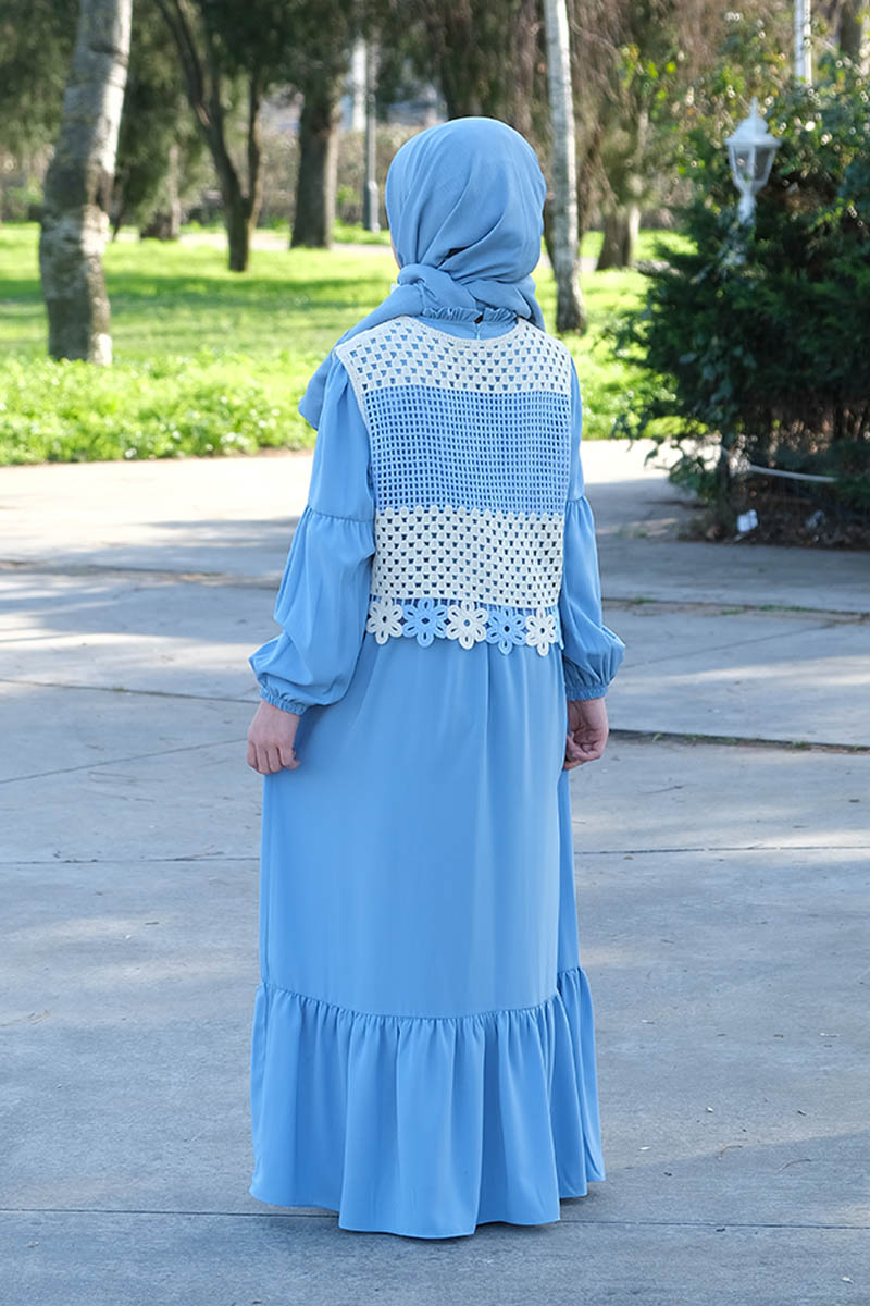Çocuk Tesettür Elbise Yelekli Model Mavi - 2