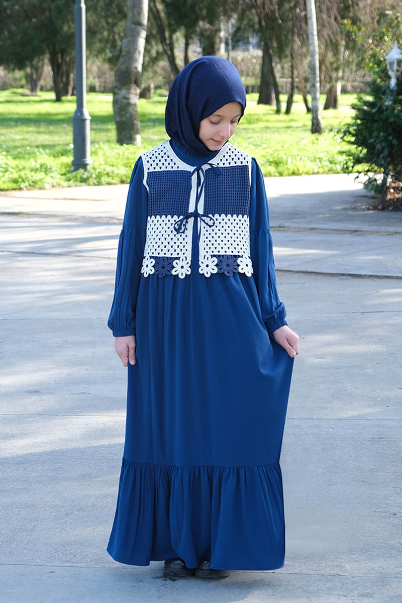 Çocuk Tesettür Elbise Yelekli Model Petrol - 1
