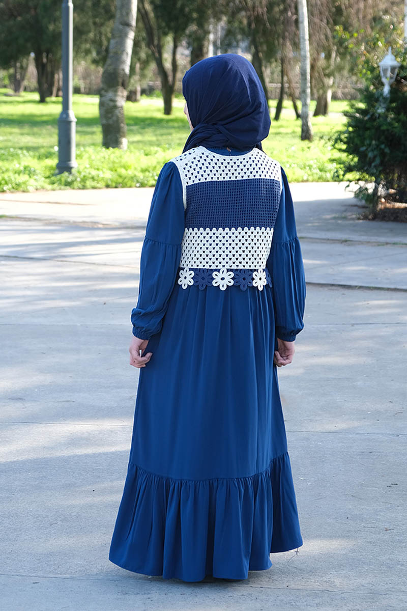 Çocuk Tesettür Elbise Yelekli Model Petrol - 2