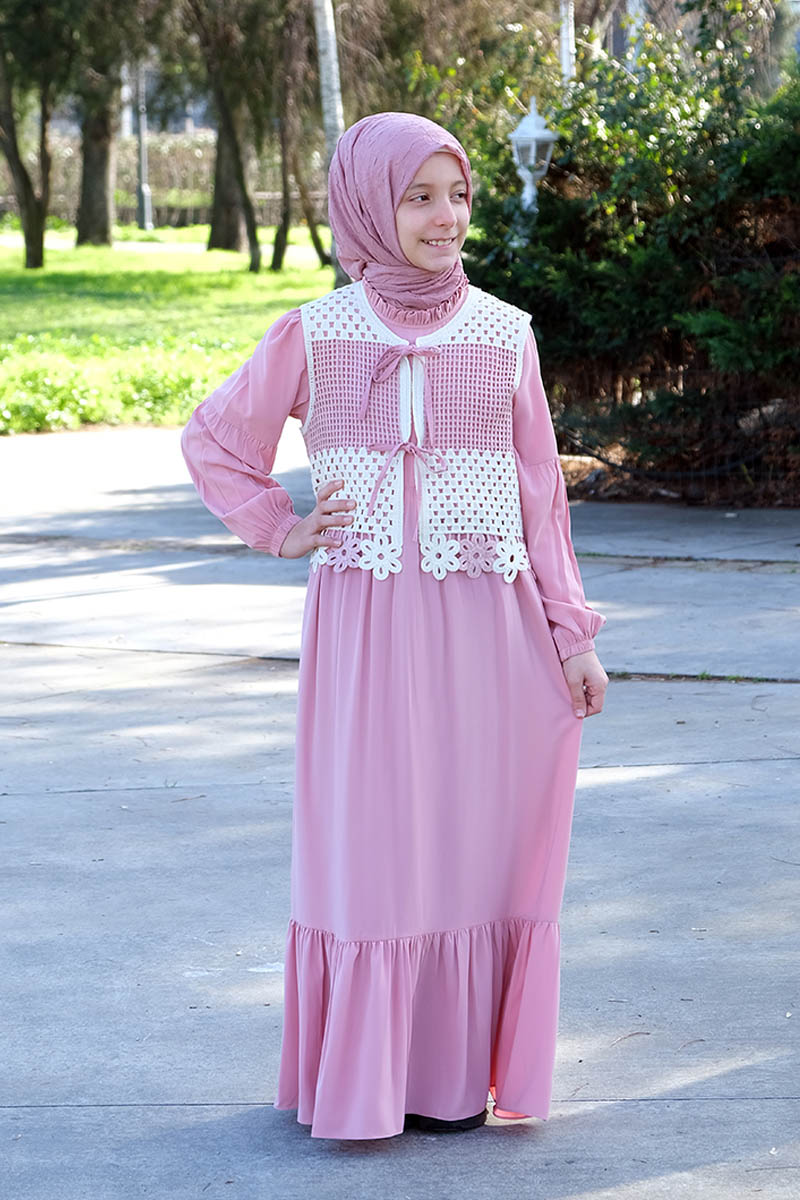 Çocuk Tesettür Elbise Yelekli Model Pudra - Mevlana Çocuk Tesettür