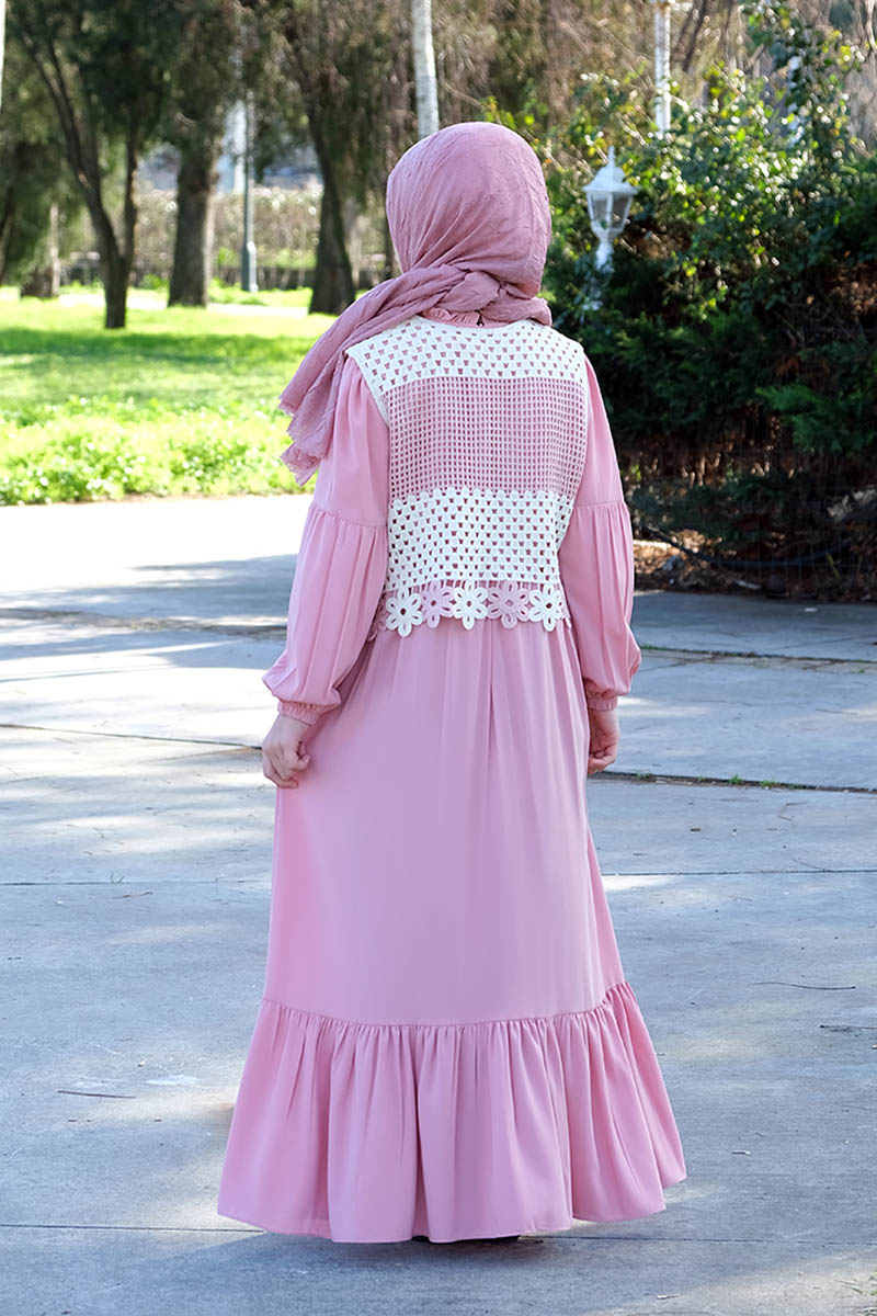 Çocuk Tesettür Elbise Yelekli Model Pudra - 2