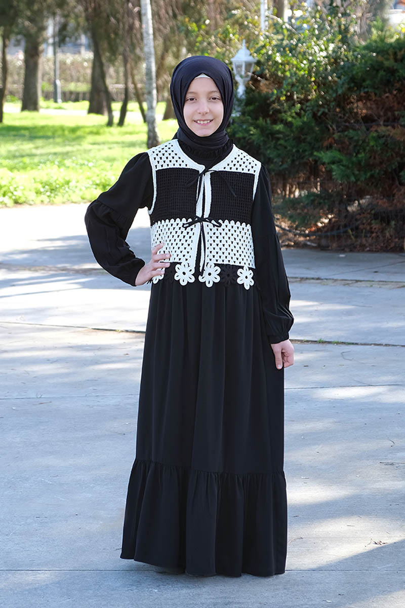 Çocuk Tesettür Elbise Yelekli Model Siyah - Mevlana Çocuk Tesettür