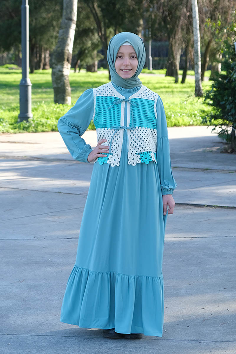 Çocuk Tesettür Elbise Yelekli Model Yeşil - Mevlana Çocuk Tesettür