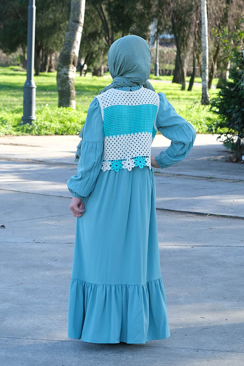 Çocuk Tesettür Elbise Yelekli Model Yeşil - 2