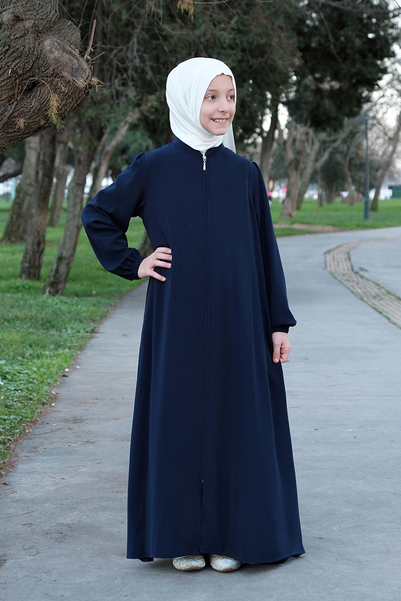 Çocuk Tesettür Ferace Arkası Piliseli Model Lacivert - 1