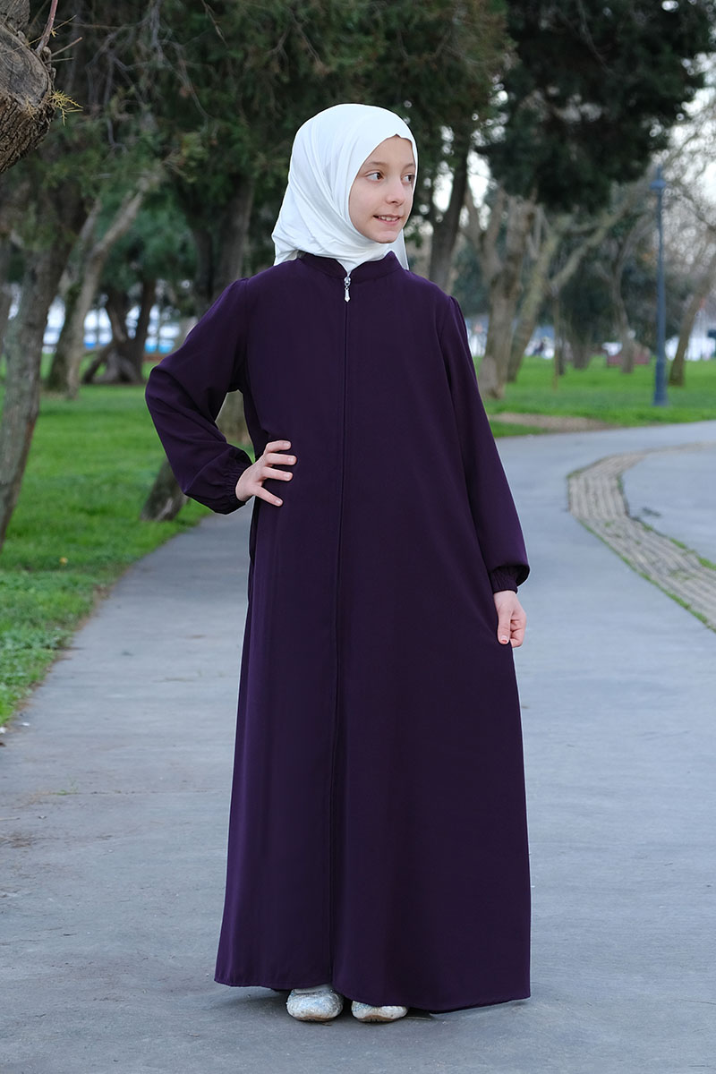 Çocuk Tesettür Ferace Arkası Piliseli Model Mor - 1