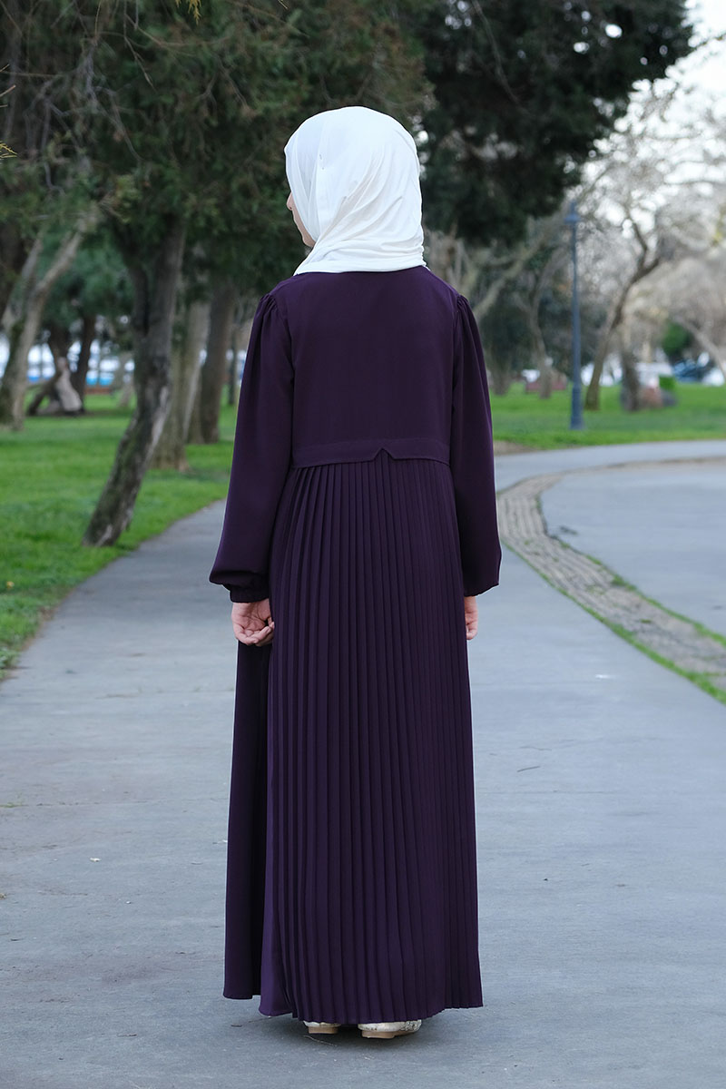 Çocuk Tesettür Ferace Arkası Piliseli Model Mor - 2