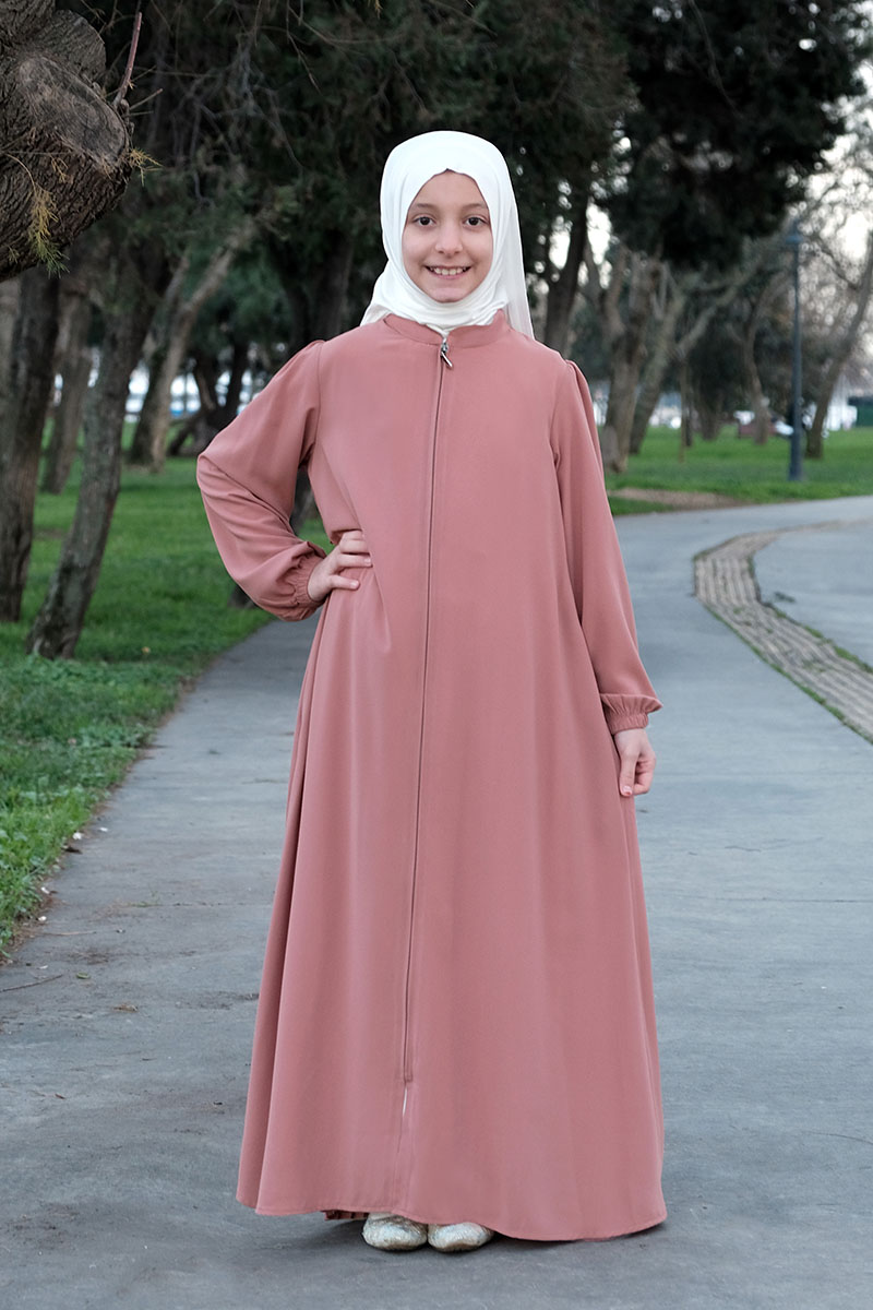 Çocuk Tesettür Ferace Arkası Piliseli Model Pudra - 1