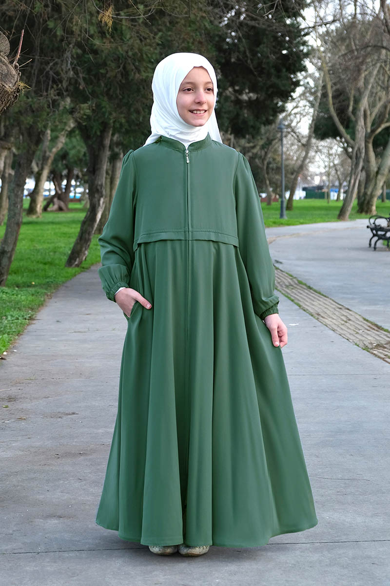 Çocuk Tesettür Ferace Eteği Kiloş Model Yeşil - Mevlana Çocuk Tesettür