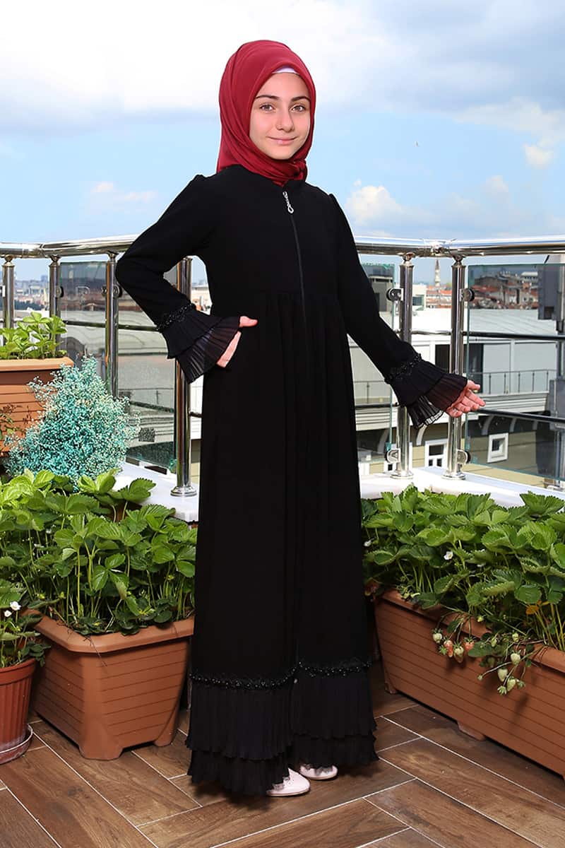 Çocuk Tesettür Ferace Piliseli Model Siyah - 1