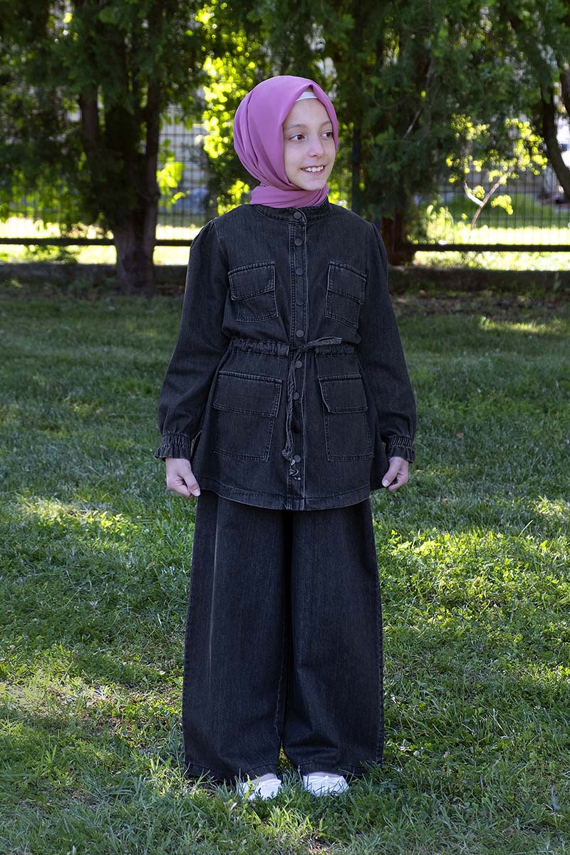 Çocuk Tesettür Kot Tunik Takım Füme 