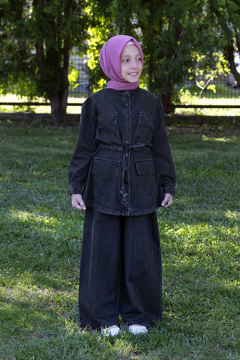 Çocuk Tesettür Kot Tunik Takım Füme - 1