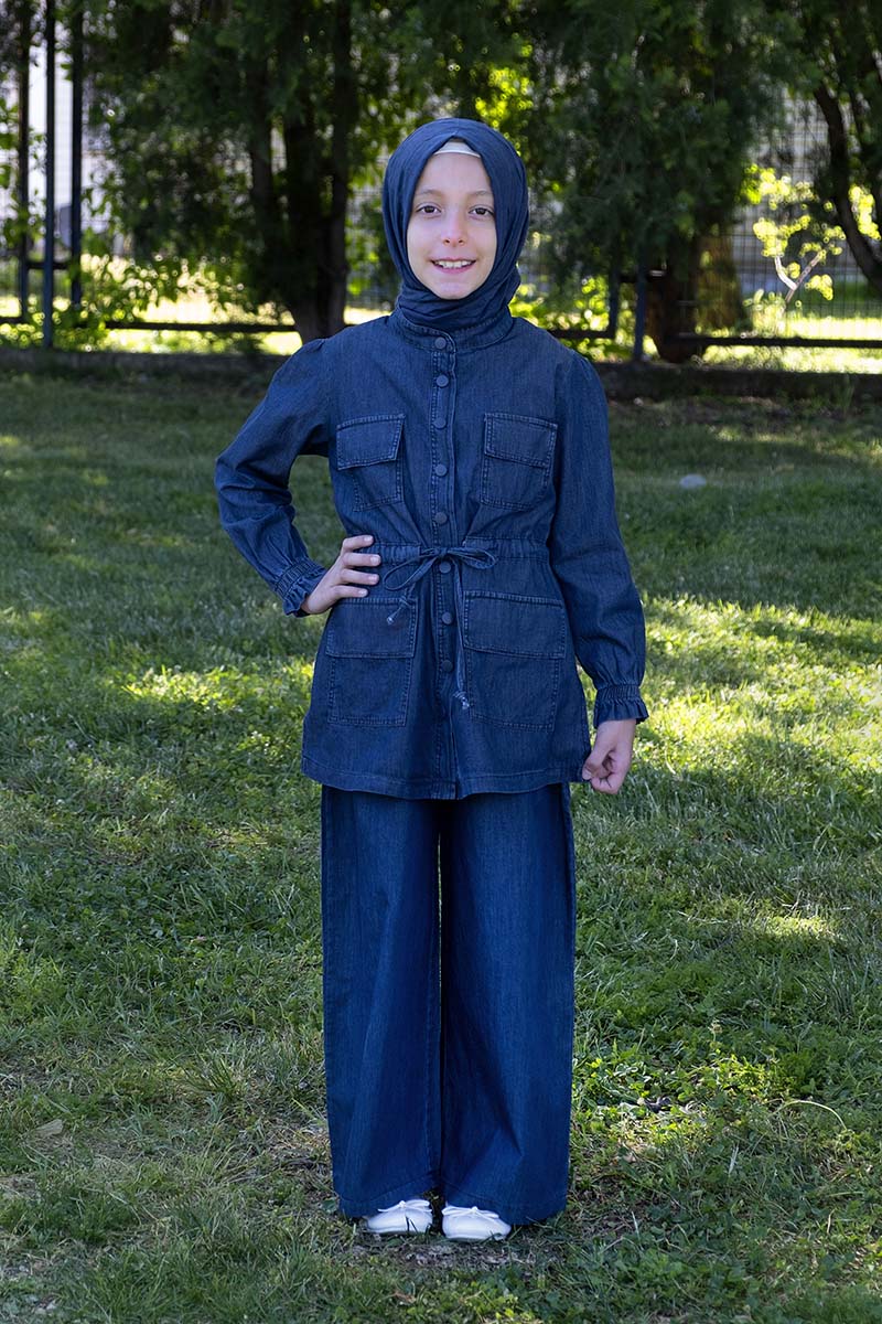 Çocuk Tesettür Kot Tunik Takım Lacivert - 1