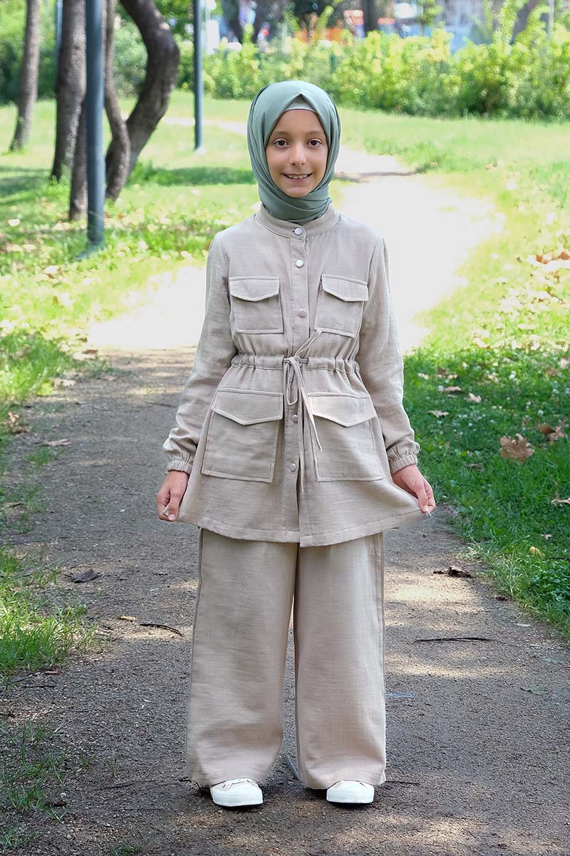 Çocuk Tesettür Tunik Takım Bade Model Krem 