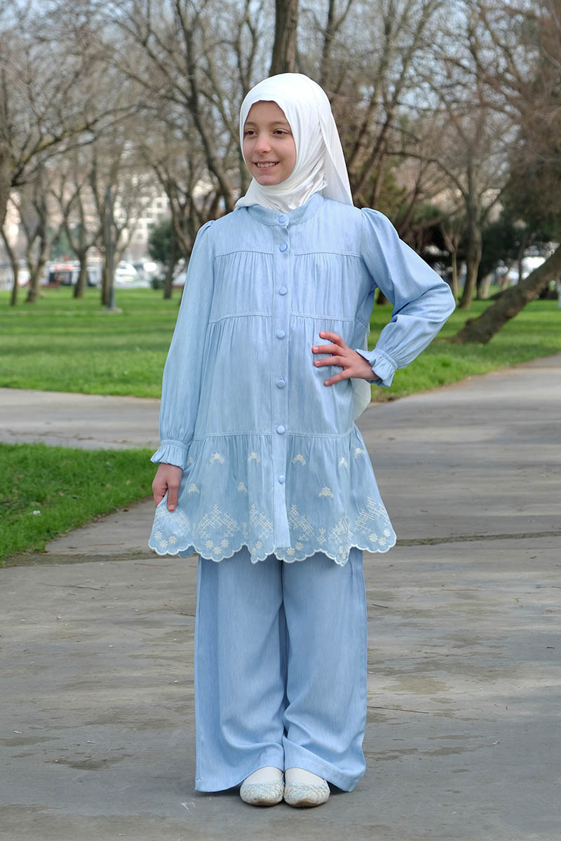 Çocuk Tesettür Tunik Takım Cansu Model Buz Mavi - Mevlana Çocuk Tesettür