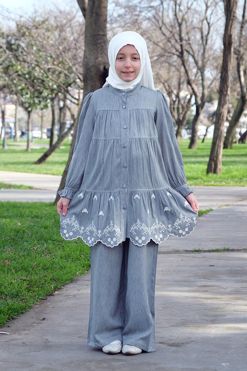 Çocuk Tesettür Tunik Takım Cansu Model Gri - Mevlana Çocuk Tesettür