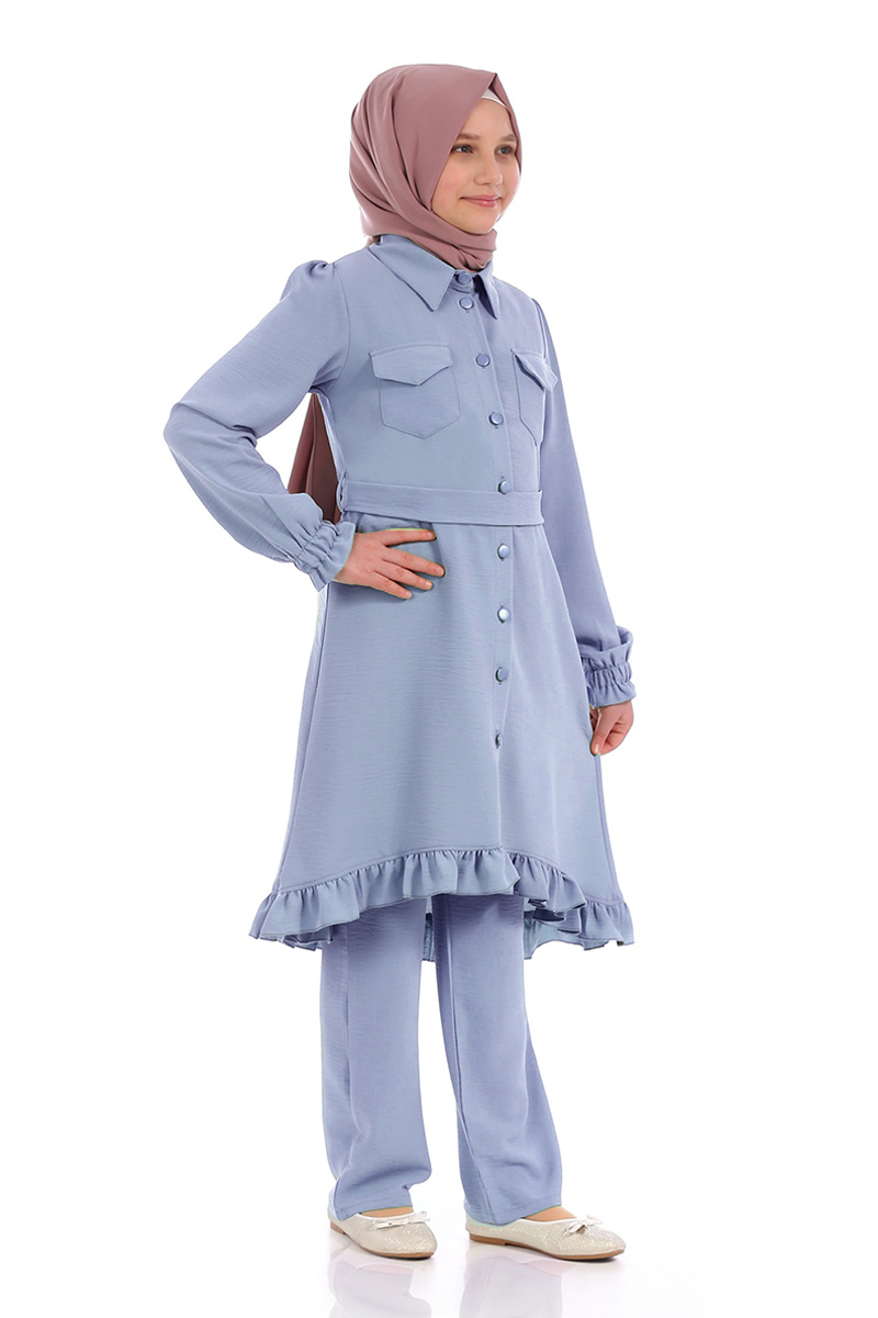 Çocuk Tesettür Tunik Takım Düğmeli Model Mavi 