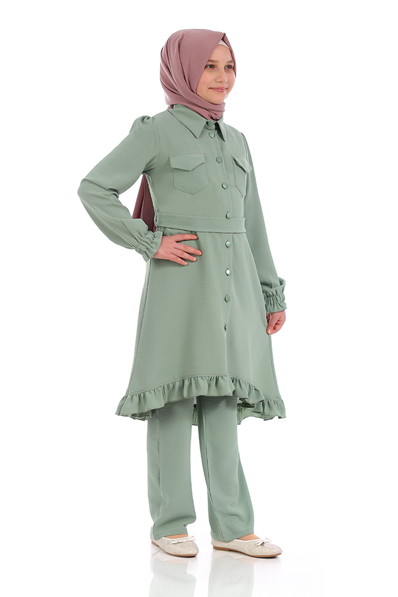 Çocuk Tesettür Tunik Takım Düğmeli Model Yeşil - 1